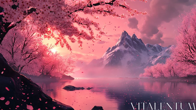 Blossom-soft sunset lake wrapped in rosy mountain light.