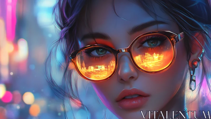 Neon urban skyline reflected in chromatic cyberpunk lenses.