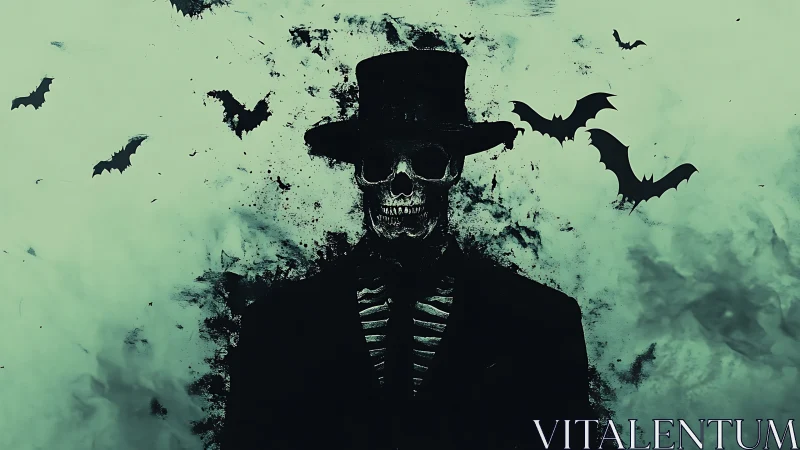 Dapper skeleton in top hat emerges amid swirling bats.