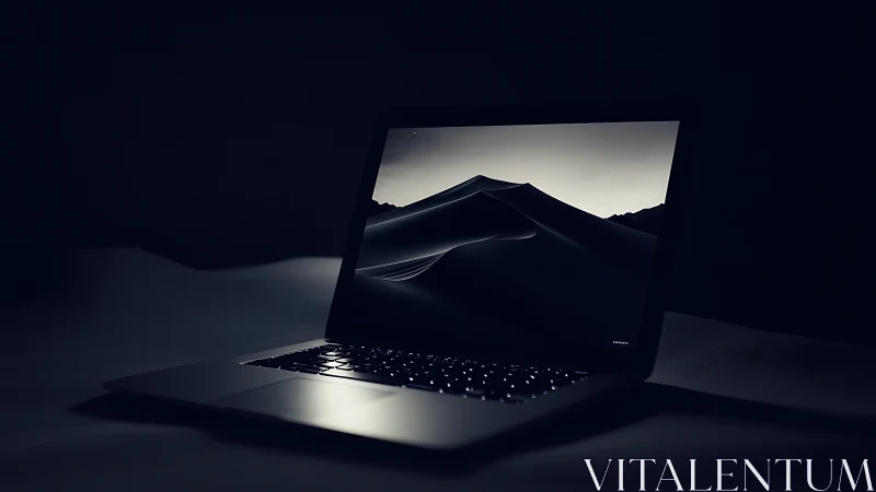 Midnight laptop glow with quiet desert dreamscape screen.