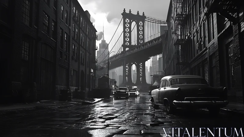 Moody vintage cars pass beneath a looming city bridge at dusk