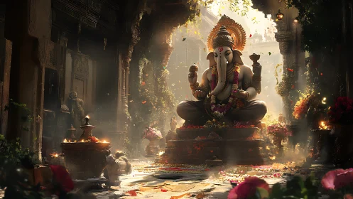 Ganesha statue sits in ornate temple courtyard with flowers