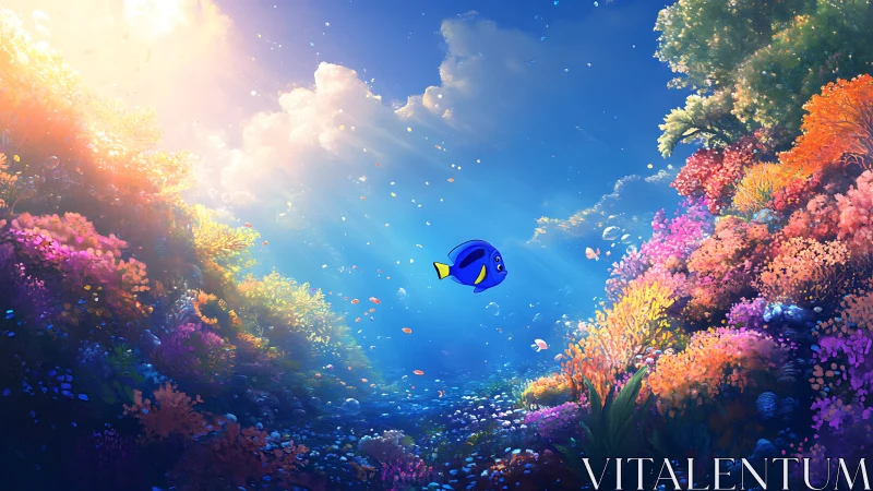 Cartoon reef fish swims through radiant digital coral canyon