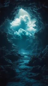 Celestial cavern path opening into a glowing cloud ocean.