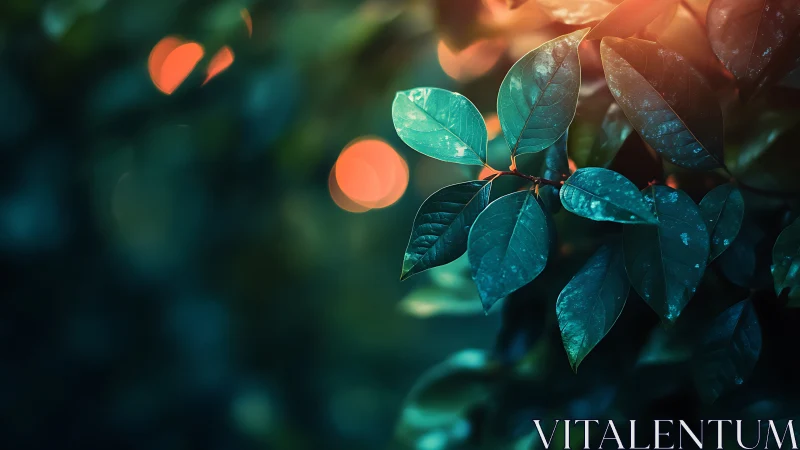 Moody teal foliage with warm sunset bokeh highlights.