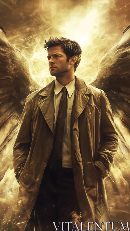 Male figure with wings in coat against luminous backdrop.