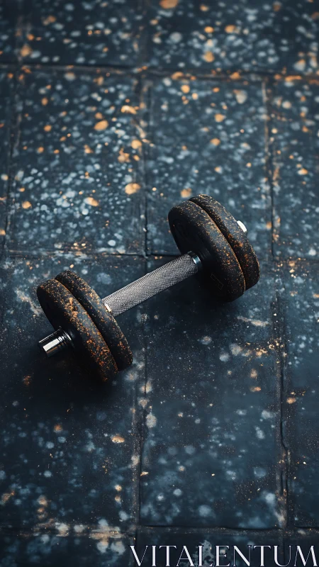 Single metal dumbbell on worn speckled gym floor surface.