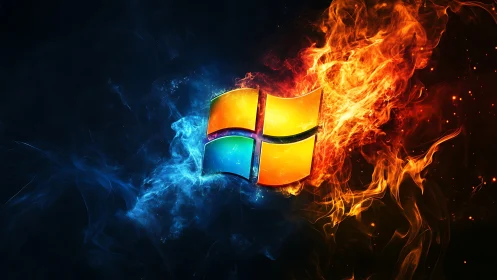 Windows Logo Blazing with Dynamic Fire and Ice Energy.