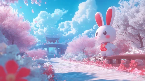 Cartoon rabbit in pastel cherry blossom landscape scene.