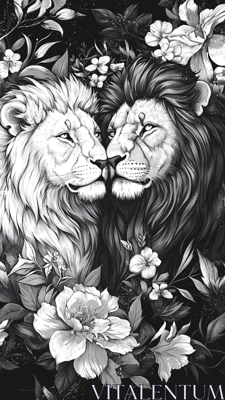 Monochrome twin lions with botanical framing in digital ink.