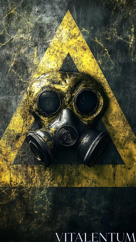 Gas mask on distressed radioactive warning background.