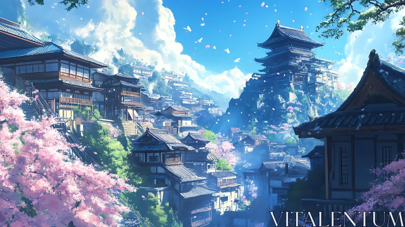 Petal-bright hillside town rests beneath a serene sky temple