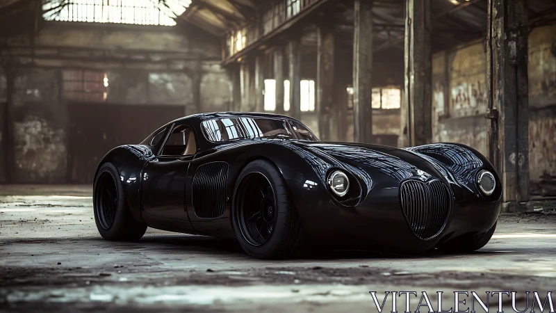 Black streamlined coupe parked in abandoned industrial hall.
