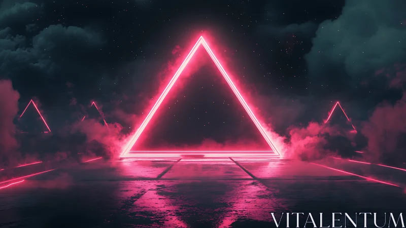 Glowing neon triangle gateway shimmers in a dreamy nightscape