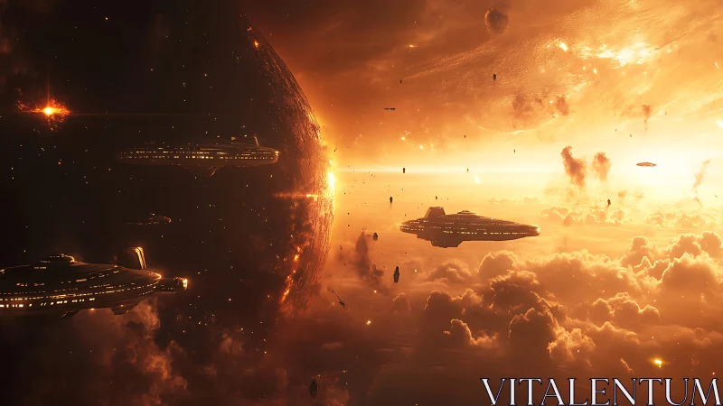 Massive sci fi fleet orbiting glowing planet at sunset.