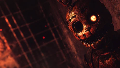 Rust-bitten animatronic lurks in ember-lit horror corridor.
