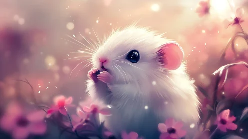 Tiny dreamer mouse cradles spring light in soft petals