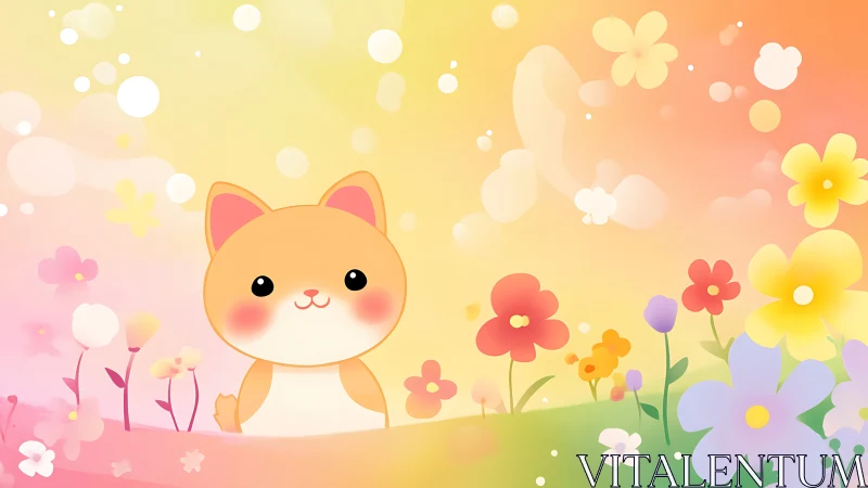Kawaii pastel kitten in stylized spring floral landscape design.