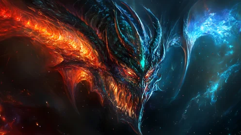 Cosmic bifrost dragon head with molten fire and glacial plasma