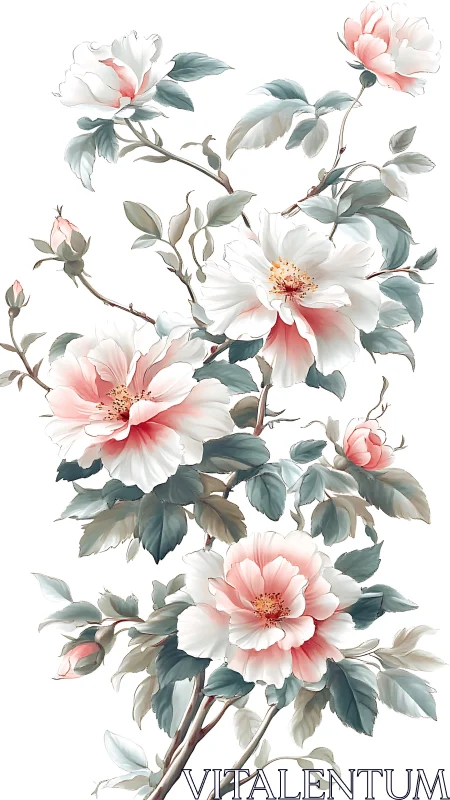 Delicate Pink and White Peonies with Verdant Foliage in Botanical Watercolor