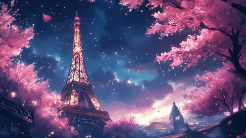 Dreamlit Eiffel Tower rises through shimmering cherry bloom
