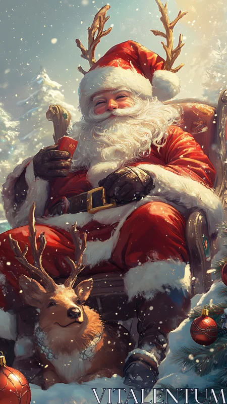 Santa’s snowy throne with a cheeky reindeer companion.