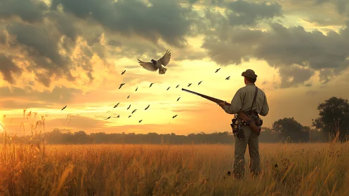Hunter observing flock of birds over sunset grassland field.