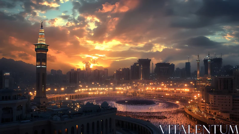 Sunlit mosque courtyard encircled by glowing city skyline