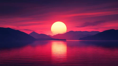 Radiant magenta sunset over tranquil reflective seascape.