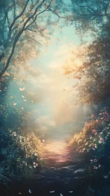 Sunlit forest path glows through soft misty foliage.