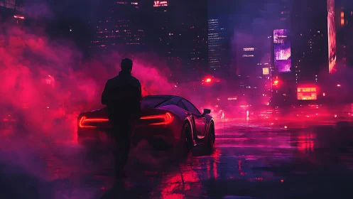 Man stands beside sports car in neon-lit night city street