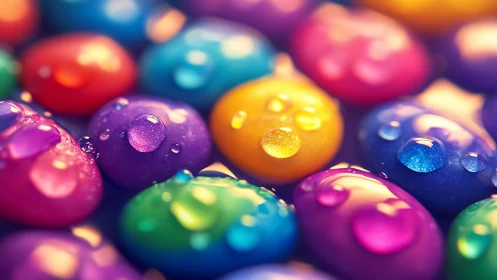 Macro depth-of-field study of wet multicolored candy shells