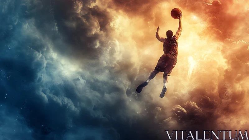 Basketball player soaring toward hoop in dramatic sky scene.