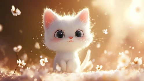 Luminous White Kitten in Glowing Flower Garden.
