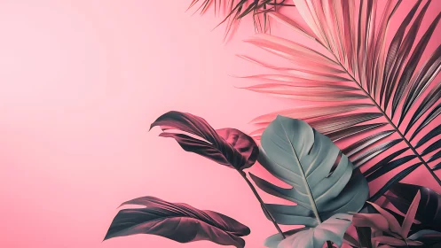 Tropical foliage arrangement on uniform pink background.