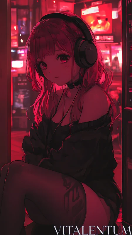 Solitary girl with headphones in neon red city glow