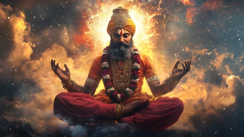 Meditating ascetic in fiery cosmic cloudscape symmetry.