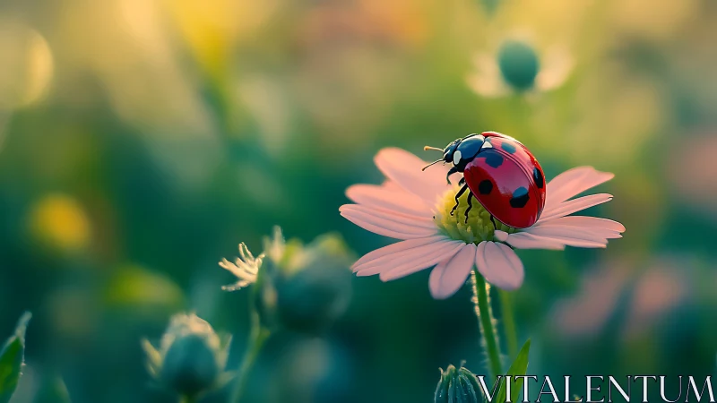 Macro ladybug study on pastel daisy in soft bokeh field.
