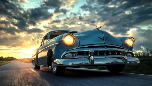 Vintage blue car cruising into a golden sunset road trip.