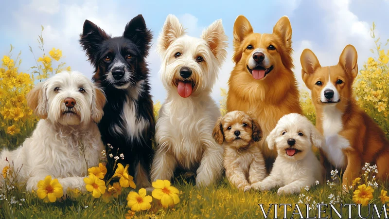 Multi breed dog portrait in yellow wildflower meadow under sky
