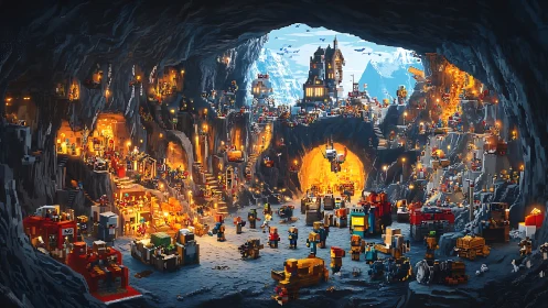 Voxel subterranean megaforge with multi-level mining colony.