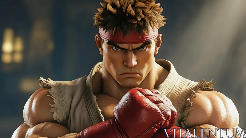 Digital rendering of muscular fighter in red gloves portrait.