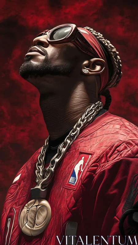 Bold streetwear icon gazes upward in vivid red atmosphere.