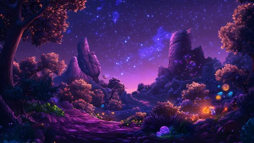 Bioluminescent alien forest valley under dense violet starfield