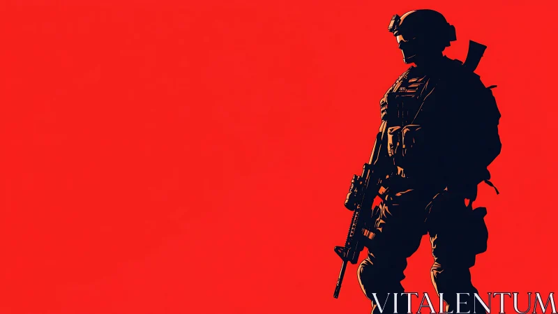 Silhouetted modern soldier stands against stark red field