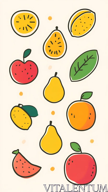 Playful flat fruit icons in vertical minimal illustration layout.