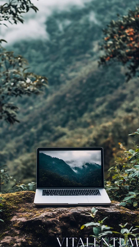 Laptop on mossy rock invites calm forest daydreaming.