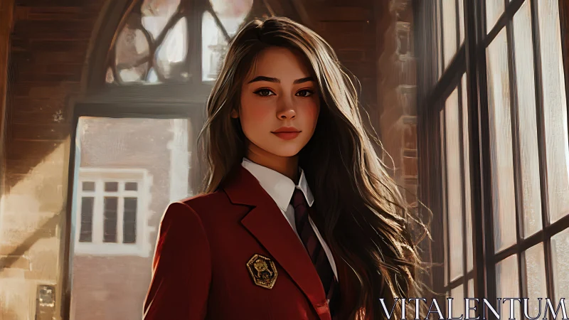 Elegant academy student in red blazer beside tall windows.