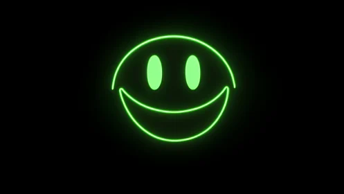Neon green smiley icon with glowing radial aura on black.