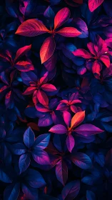 Neon-lit tropical leaves glow against deep indigo shadows